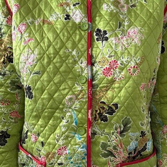 Vintage Y2K Womens 100% Silk Green Japanese Floral Chore Quilted Jacket Sz L - Picture 5 of 7